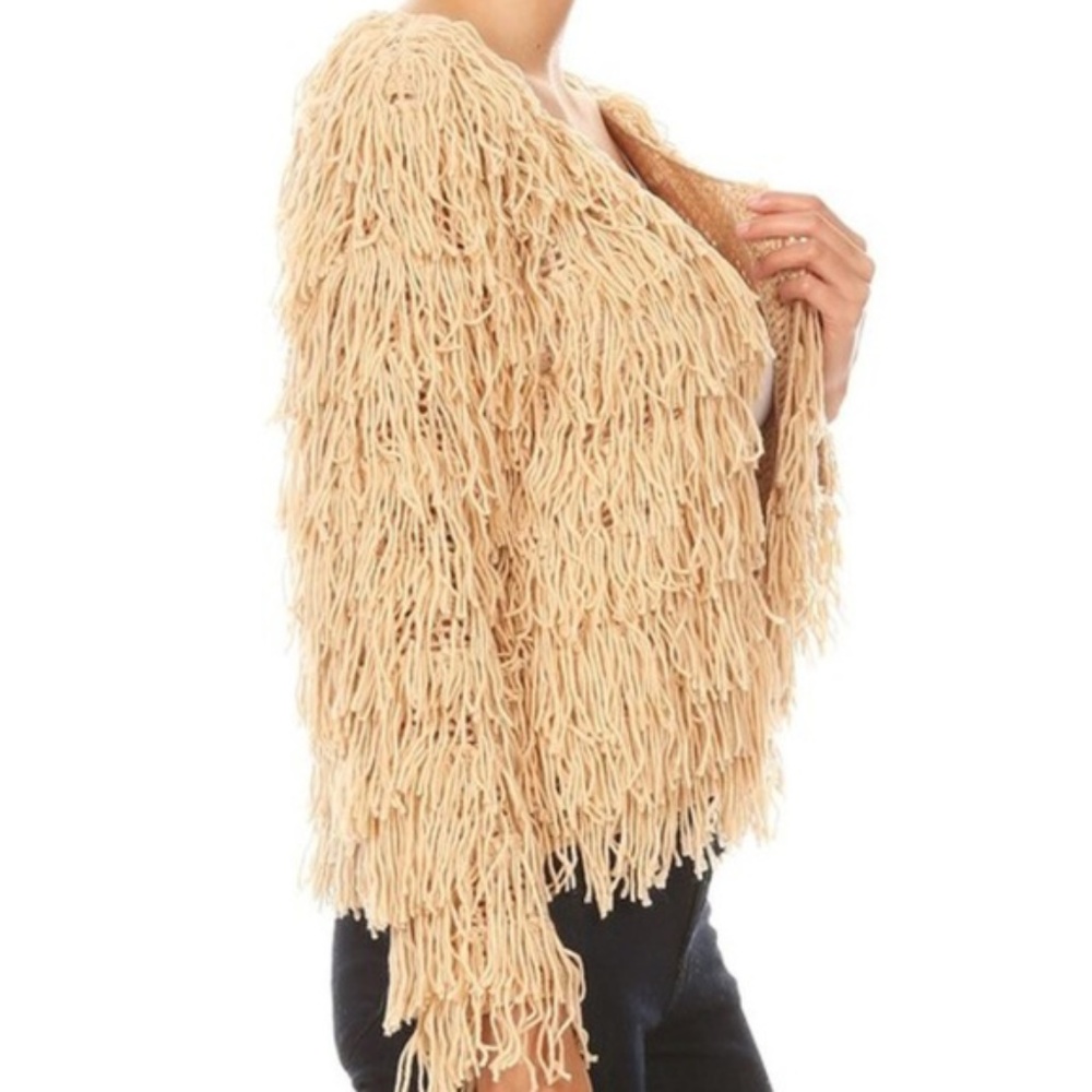 Last 1! Fringe Open Front Sweater Cardigan Tan - Picture 3 of 4